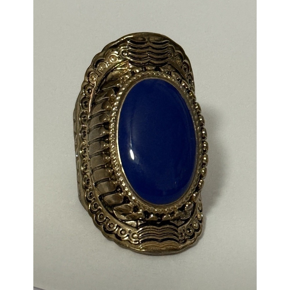 Blue Stone Retro Style‎ Silver Tone Boho Ring Approx sz 5 Chunky